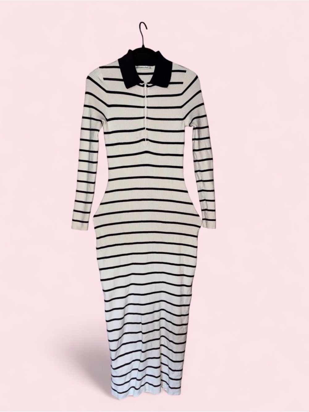 Abercrombie & Fitch Black and White Striped Long-Sleeve Polo Maxi Dress